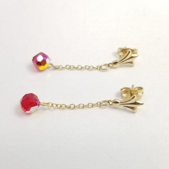 Vintage Red Bead Dangle Stud Earrings, Gold Tone Setting, AB Iridescent, Estate - Picture 3 of 6